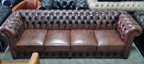 Chesterfield 4 zits XL bank bruin gevlamd leer + BEZORGING, Huis en Inrichting, Banken | Bankstellen, Zo goed als nieuw, Rechte bank