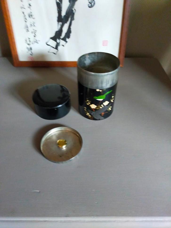 Vintage Japans theeblikje blik verzilverde lepel Nieuwpoort, Verzamelen, Blikken, Zo goed als nieuw, Overige, Ophalen