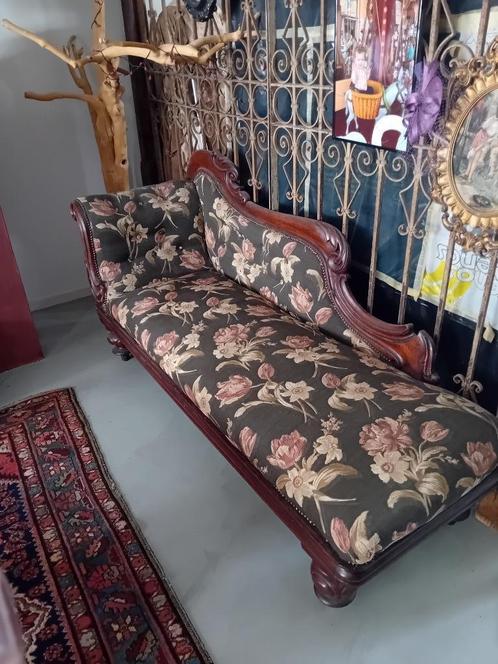Antieke chaise longue, Huis en Inrichting, Banken | Sofa's en Chaises Longues, Gebruikt, Driepersoons, Hout, Stof, Ophalen