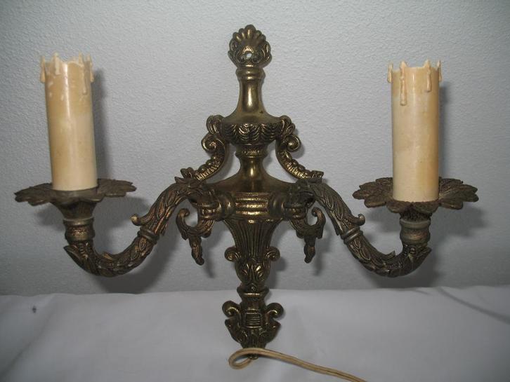 Koperen Wandlamp 2-Armig met Kandelaars, Antiek en Kunst, Antiek | Lampen, Verzenden