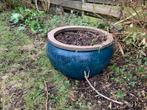 Grote blauw geglazuurde aardewerk bloempot, Ophalen, 40 cm of meer, Rond, Zo goed als nieuw