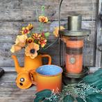 Package deal oranje emaille met windlicht en kunstbloemen, Ophalen of Verzenden, Zo goed als nieuw