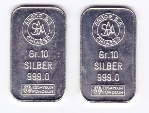 2 zilverbaartjes van 10 gram Argor 999/1000, Postzegels en Munten, Edelmetalen en Baren, Zilver, Ophalen of Verzenden