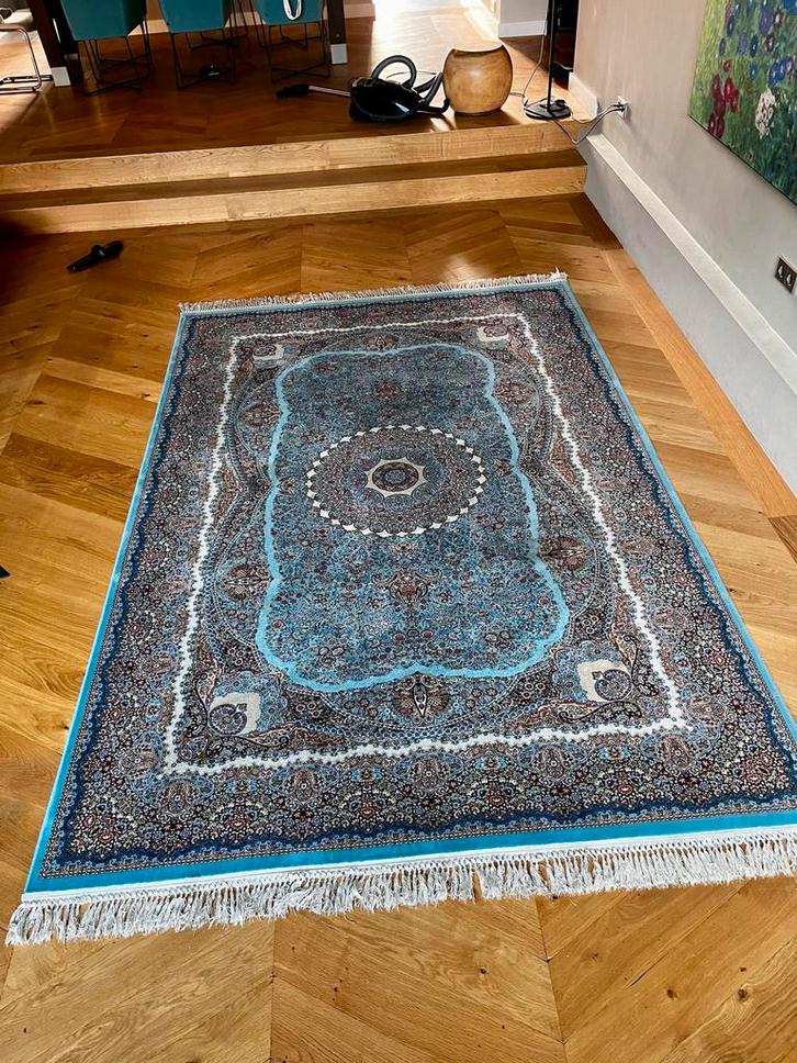 Vintage vloerkleed 200x300 - Blauw/Bruin/Wit, Huis en Inrichting, Stoffering | Tapijten en Kleden, Zo goed als nieuw, 150 tot 200 cm