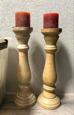 Set van 2 houten kandelaars met kaarsen - 40cm, Gebruikt, 25 tot 50 cm, Beige, Ophalen of Verzenden