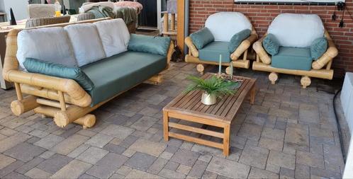 Big bamboe bamboo 3 zits bank en 2 stoelen, Tuin en Terras, Tuinsets en Loungesets, Zo goed als nieuw, 5 zitplaatsen, Bank, Bijzettafel
