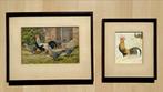 2 antieke ingekleurde gravures van kippen, hanen, Ophalen of Verzenden