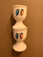 Vintage 2 witte porseleinen eierdopjes met ijsvogels op tak, Ophalen of Verzenden