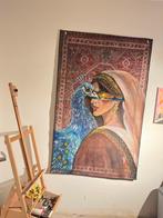 Prachtig schilderij van vrouw met pauw, Ophalen of Verzenden, Nieuw