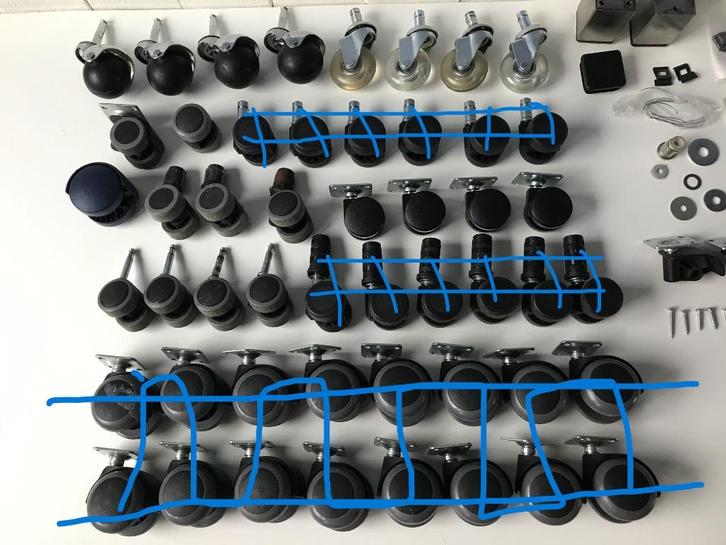 GROTE PARTIJ STOELWIELTJES / ZWENKWIELEN + toebehoren, Doe-het-zelf en Verbouw, Zwenkwielen, Zo goed als nieuw, Ophalen of Verzenden