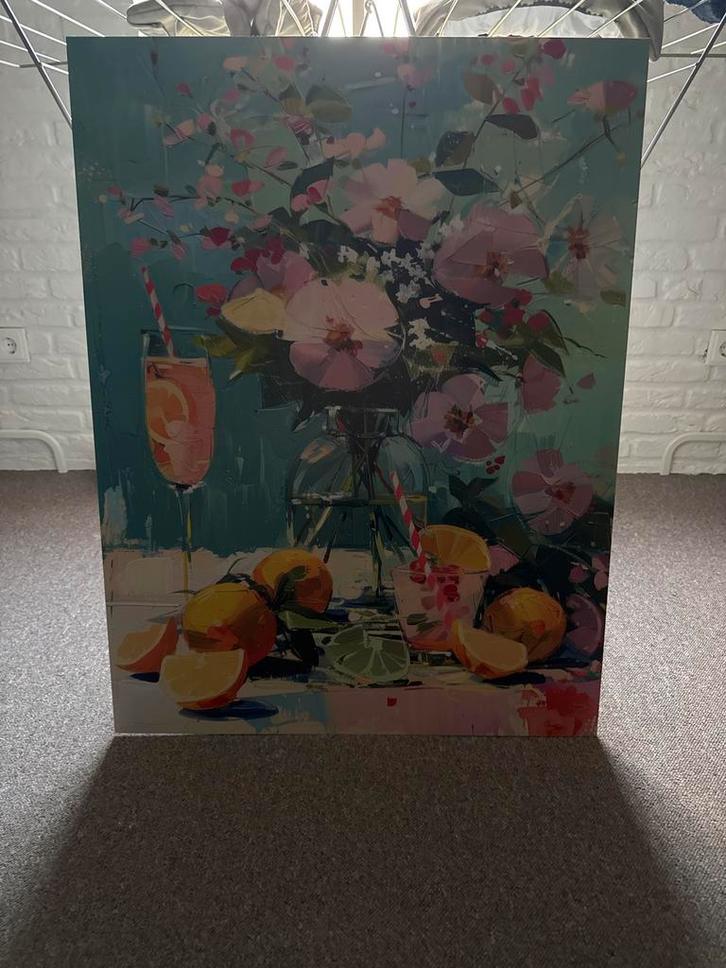 Schilderij met bloemen en cocktails, Antiek en Kunst, Kunst | Schilderijen | Klassiek, Ophalen of Verzenden