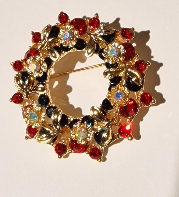 Vintage Gouden Broche met Rode en Zwarte Accenten, Sieraden, Tassen en Uiterlijk, Broches, Gebruikt, Goud, Goud, 4 tot 7 cm, Met strass