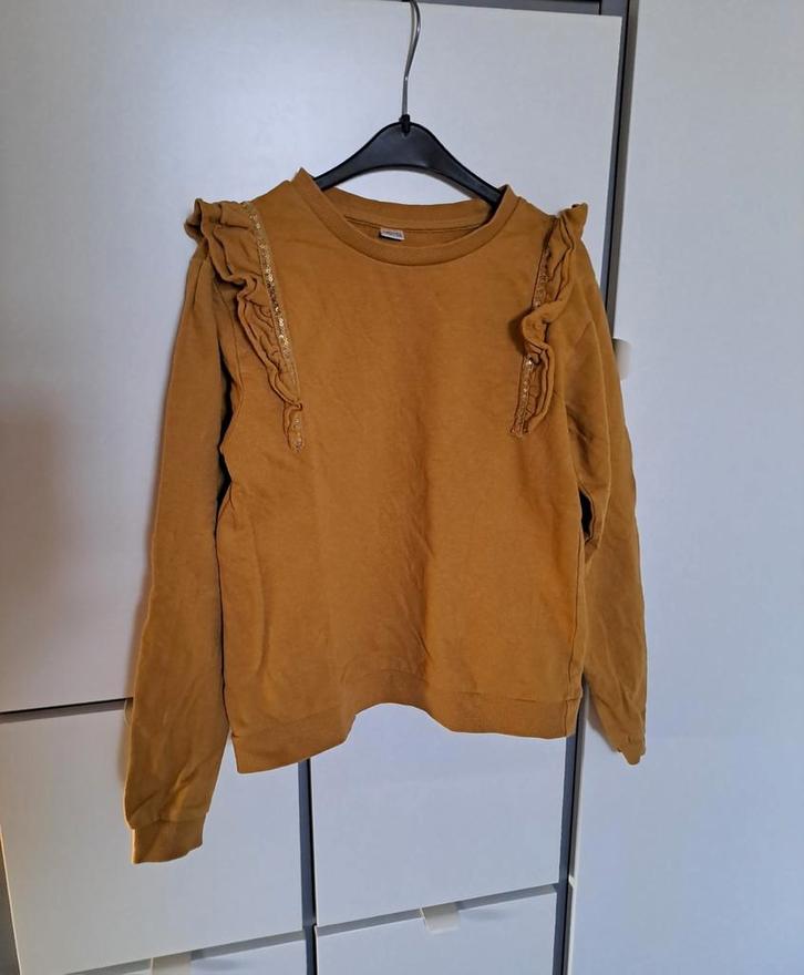Okergele mosterdgele trui met ruffles gouden pailletten 146, Kinderen en Baby's, Kinderkleding | Maat 146, Zo goed als nieuw, Meisje