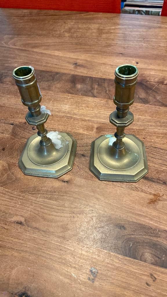 Set kandelaars, Antiek en Kunst, Antiek | Kandelaars, Koper of Brons, Ophalen of Verzenden