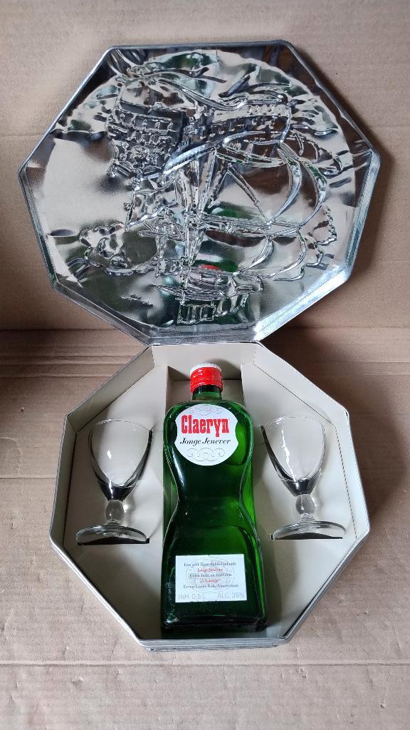Vintage Verzamelblik Claeryn Jonge Jenever met 2 glaasjes, Verzamelen, Glas en Borrelglaasjes, Zo goed als nieuw, Overige typen
