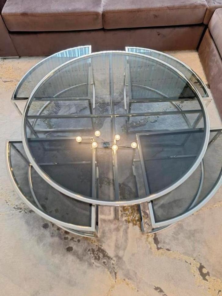 Ronde salontafel met uitschuifbare tafels – RVS & glas, Huis en Inrichting, Tafels | Salontafels, Zo goed als nieuw, Minder dan 50 cm