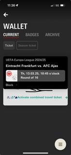 Eintracht Frankfurt - Ajax kaart ticket Ostkurve bij uitvak, Losse kaart, Twee personen, Maart, Europa of Champions League