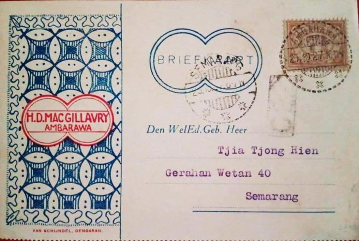 Nederlands-Indie 1927Briefkaart H.D. MACGILLAVRY Ambarawa, Postzegels en Munten, Postzegels | Nederlands-Indië en Nieuw-Guinea