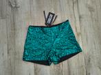 Prachtig nieuw blauw groen pailletten glitter broekje, XS., Kleding | Dames, Broeken en Pantalons, Kort, Blauw, Onbekend, Nieuw