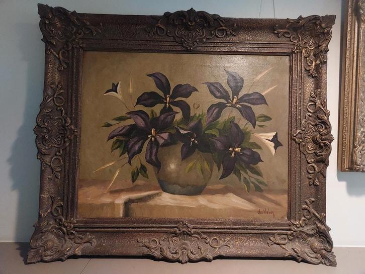 Olieverfschilderij “Clematis” – De Vries – ca. 1910-1930, Antiek en Kunst, Kunst | Schilderijen | Klassiek, Ophalen of Verzenden
