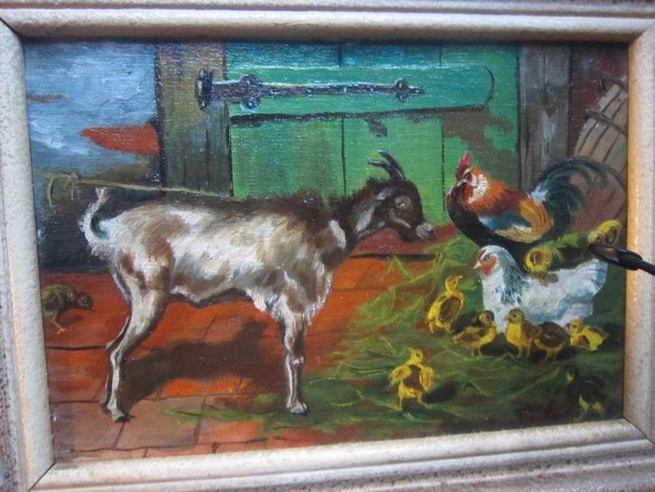 Leuk schilder, Geit, Haan, Kip/Kuikens, sign Van Rooyen, Antiek en Kunst, Kunst | Schilderijen | Klassiek, Ophalen of Verzenden