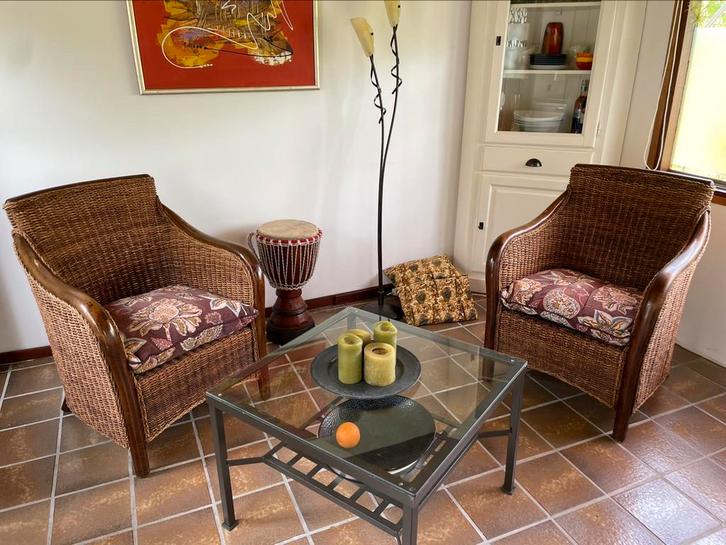 2 koloniale fauteuils incl. losse kussens met rits, Huis en Inrichting, Stoelen, Zo goed als nieuw, Twee, Hout, Stof, Bruin, Ophalen