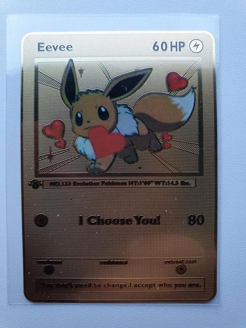 Eevee Pokémon kaart met hartjes verliefd goudkleurig metal, Hobby en Vrije tijd, Verzamelkaartspellen | Pokémon, Nieuw, Losse kaart