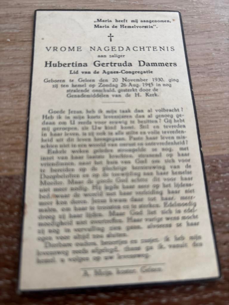 Dammers 1930 Geleen 1945 - 28310, Ophalen of Verzenden, Bidprentje