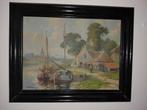 Landschap, schepen, water, huis, erf. Schilderij., Ophalen of Verzenden