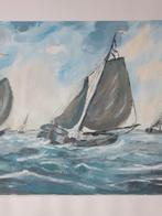 Aquarel 2 platbodems op zee gesigneerd MV, Antiek en Kunst, Ophalen