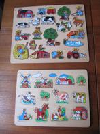 2 Vintage houten puzzels, "Boerderij" (groot) en "Dieren"., 10 tot 50 stukjes, Van hout, Gebruikt, Ophalen of Verzenden