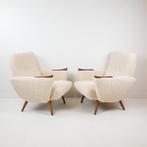 2 vintage fauteuils nieuw gestoffeerd teddy teak hout, Modern vintage, ., 75 tot 100 cm, Ophalen of Verzenden
