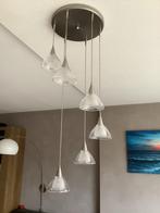 Halogeen/led hanglamp RVS met 6 lampen van glas/melkglas, Modern, Ophalen of Verzenden, Zo goed als nieuw, 50 tot 75 cm