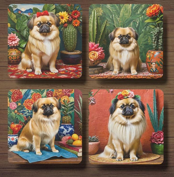 Pekinees Frida Kahlo onderzetters met houder, Huis en Inrichting, Woonaccessoires | Onderzetters, Nieuw, Glas of Kopje, Ophalen of Verzenden