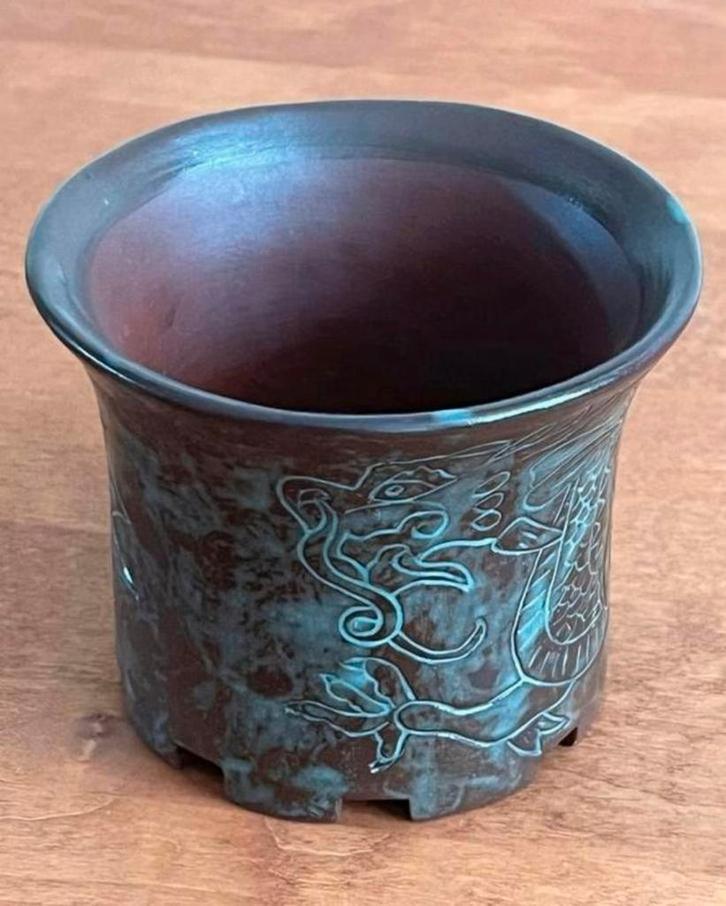 Bonsai pot rond handgemaakt ‘Draak’ bruin geglazuurd 11,3x9, Tuin en Terras, Bloempotten, Nieuw, Aardewerk, Minder dan 40 cm, Minder dan 25 cm