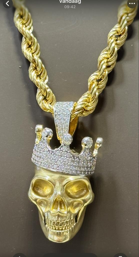 Gouden Rope Chain met Doodskop Hanger, Sieraden, Tassen en Uiterlijk, Kettingen, Nieuw, Goud, Met hanger, Ophalen