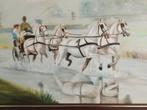 Olieverfschilderij 4 span paarden ingelijst, Antiek en Kunst, Kunst | Schilderijen | Klassiek, Ophalen