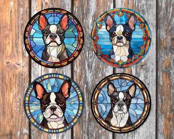 Boston Terriër Glas in Lood onderzetters met houder rond beschikbaar voor biedingen