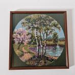 Vintage geborduurd schilderij Zomer berken jaren 70 lijst, Ophalen of Verzenden, Huis en Inrichting
