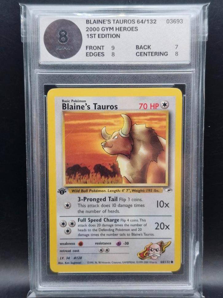 Blaine's tauros 2000 gym heroes 1st edition (klein Barstje), Hobby en Vrije tijd, Verzamelkaartspellen | Pokémon, Zo goed als nieuw