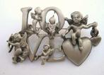 Putti, engeltjes 3D LOVE broche, vintage JJ Jonette Artifact, Ophalen, Nieuw, Zilver, Overige materialen