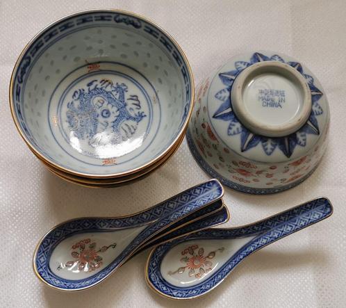 China blauw wit ramen / rijst kom en lepel, keramiek - draak, Huis en Inrichting, Keuken | Servies, Zo goed als nieuw, Kom(men)