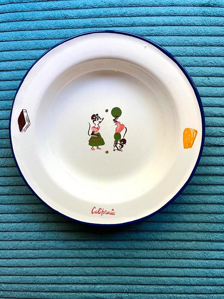 Emaille kinder papbordje ‘California’, Antiek en Kunst, Antiek | Servies los, Ophalen of Verzenden