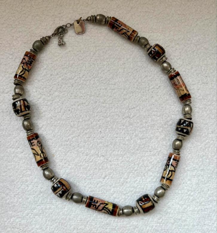 Vintage herenketting handbeschilderde keramische kralen, Sieraden, Tassen en Uiterlijk, Kettingen, Gebruikt, Overige materialen