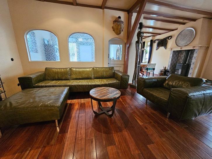 Prachtige robuuste leren 4 zits bankstel, Hocker en Fauteuil, Huis en Inrichting, Banken | Complete zithoeken, Zo goed als nieuw