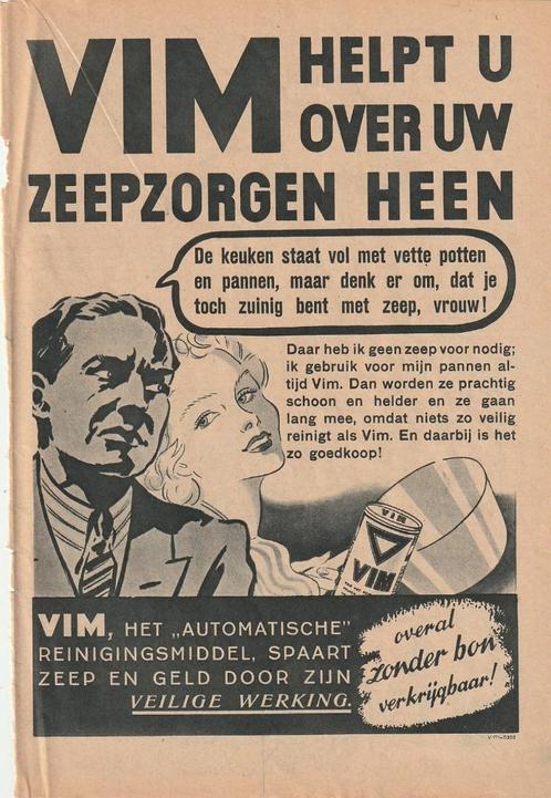 Retro reclame 1940 Vim oorlogstijd uw zeepzorgen, Verzamelen, Retro, Overige typen, Verzenden