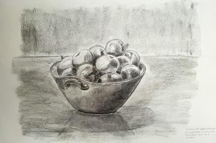 Louis van Gorkum - Schaal met appels - Houtskool - 46x57, Antiek en Kunst, Kunst | Schilderijen | Klassiek, Ophalen of Verzenden