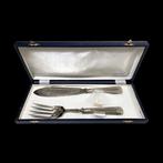 Antiek vis serveer bestek - Zilver - Parelrand - In etui, Antiek en Kunst, Ophalen of Verzenden