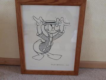 Donald Duck tekening ingelijst. Bruine lijst. Disney beschikbaar voor biedingen