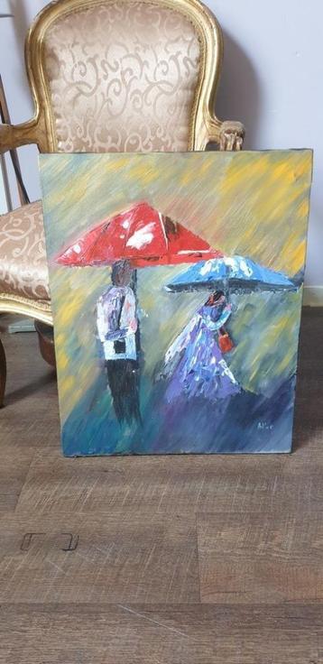Olieverf spatel schilderij 2 mensen met paraplu 2005 beschikbaar voor biedingen
